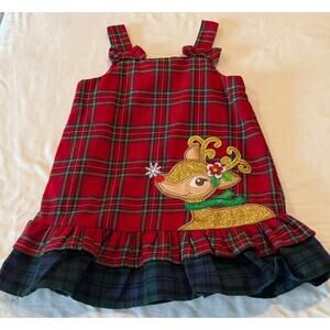 Rare Editions 24M Girl Dress Red plaid jumper gold reindeer ruffle hem Christmas